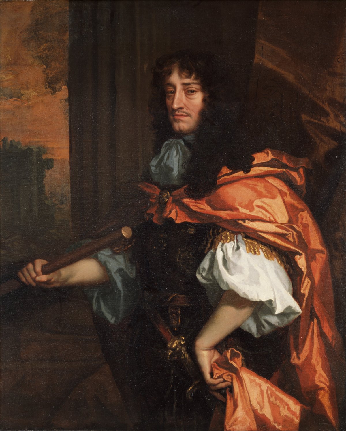 Three-quarter-length oil portrait of a man with a long dark wig and a mustache, wearing dark armor, white sleeves and a sweeping orange-red cloak, a baton in his right hand