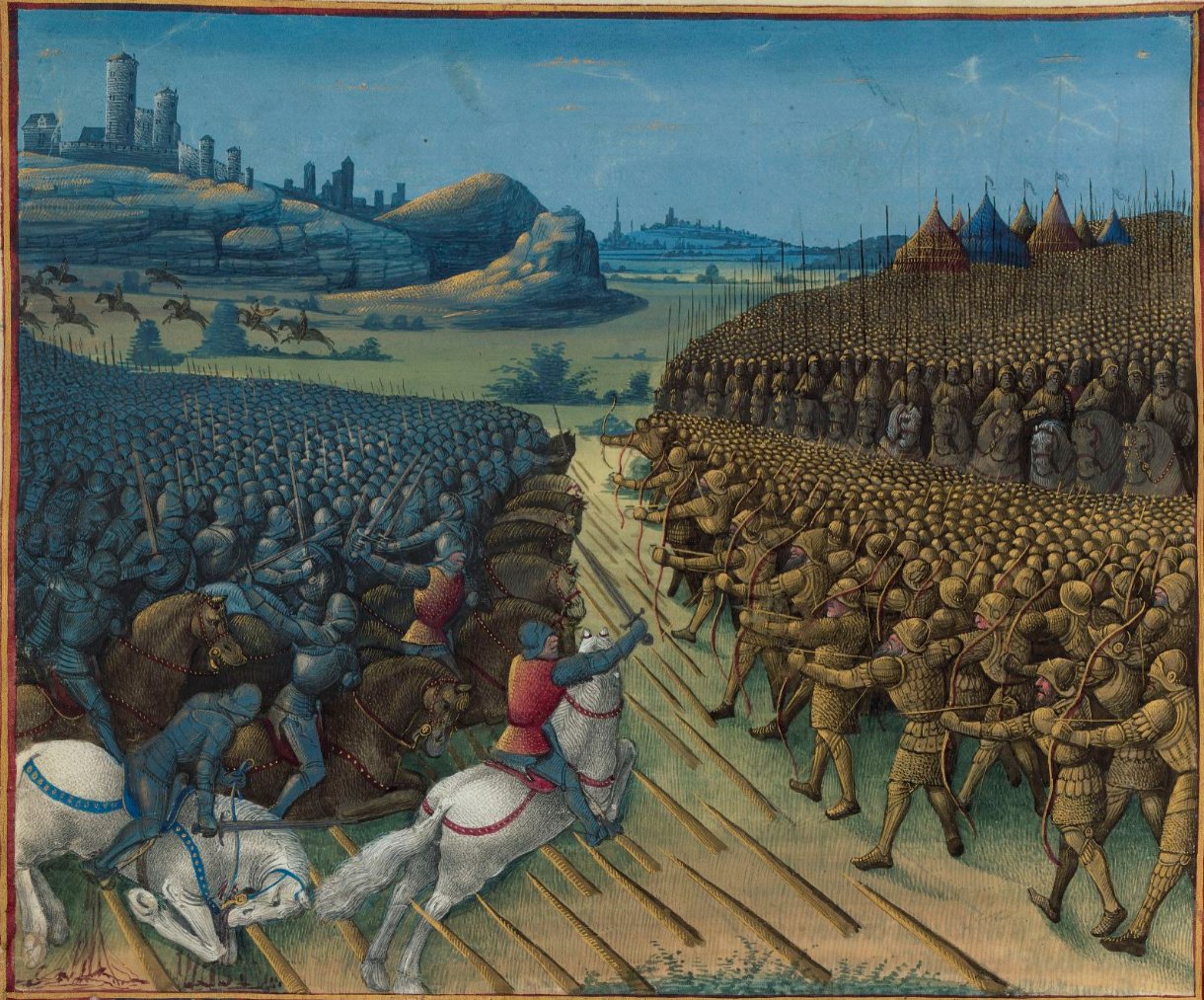 Manuscript miniature of armoured knights charging a dense mass of Ottoman troops below a hilltop fortress