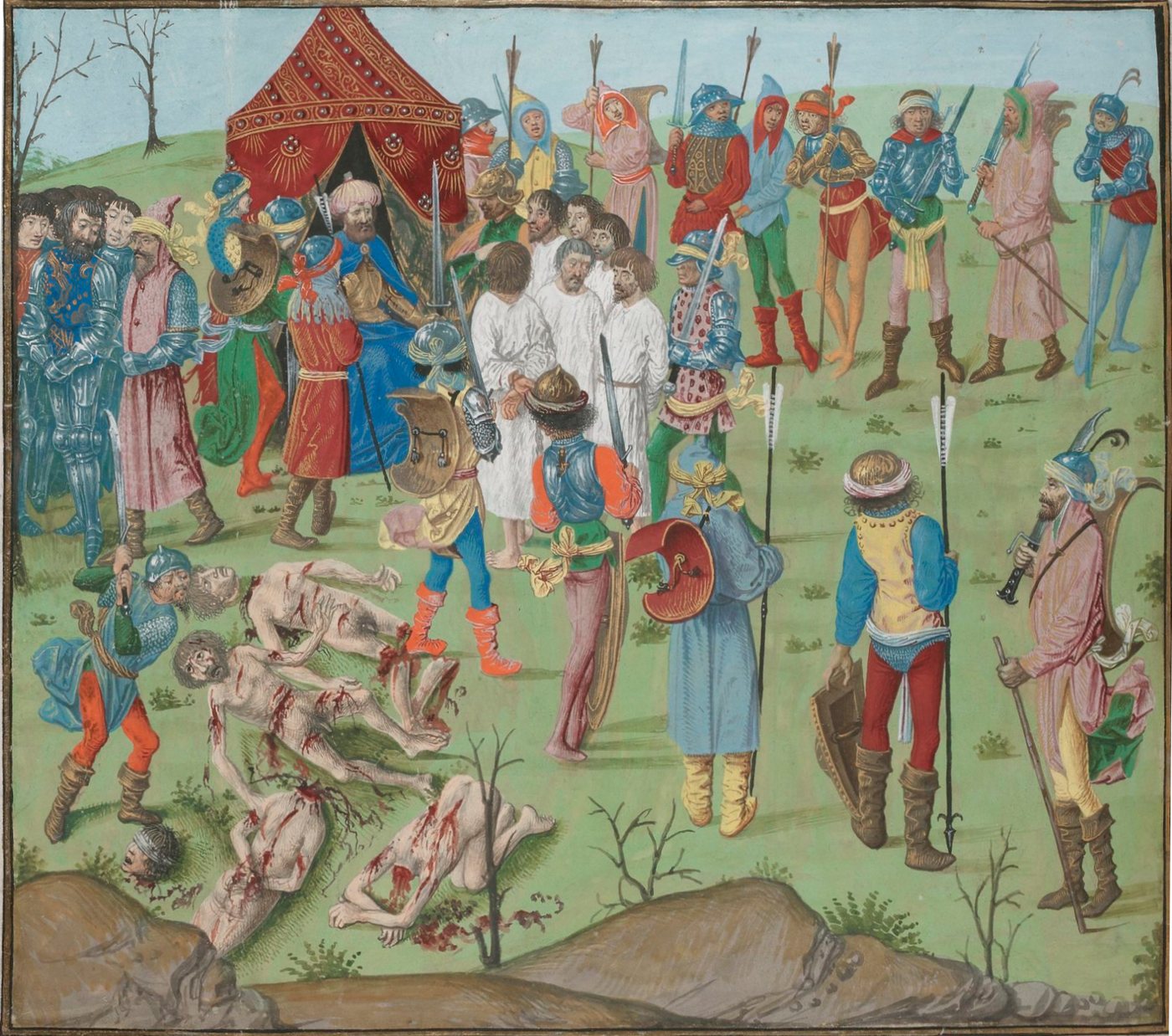 Miniature of prisoners being executed before a seated sultan under a red tent