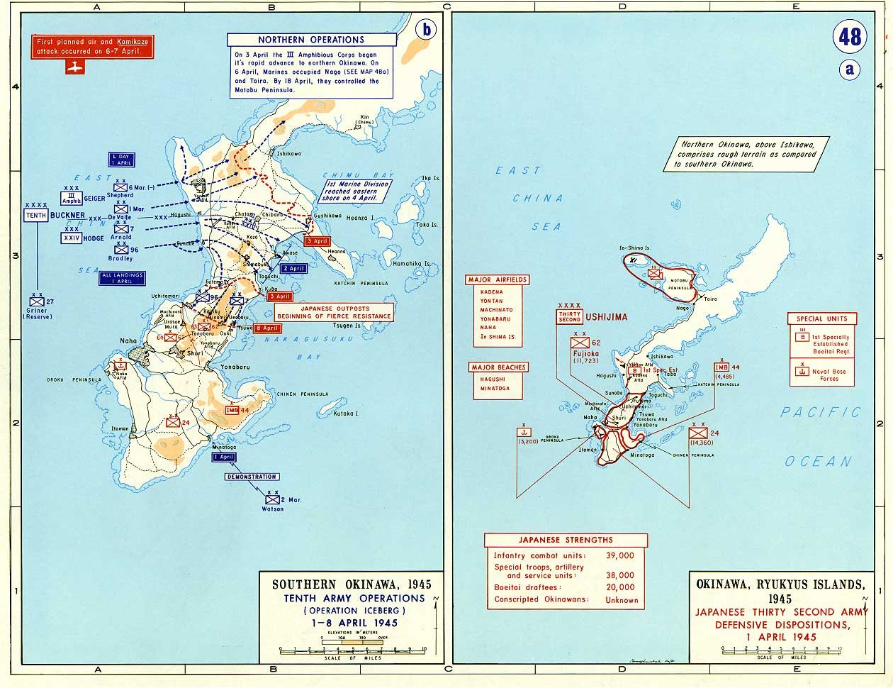 Two colour maps of Okinawa with Japanese defensive zones in the south and American advance lines