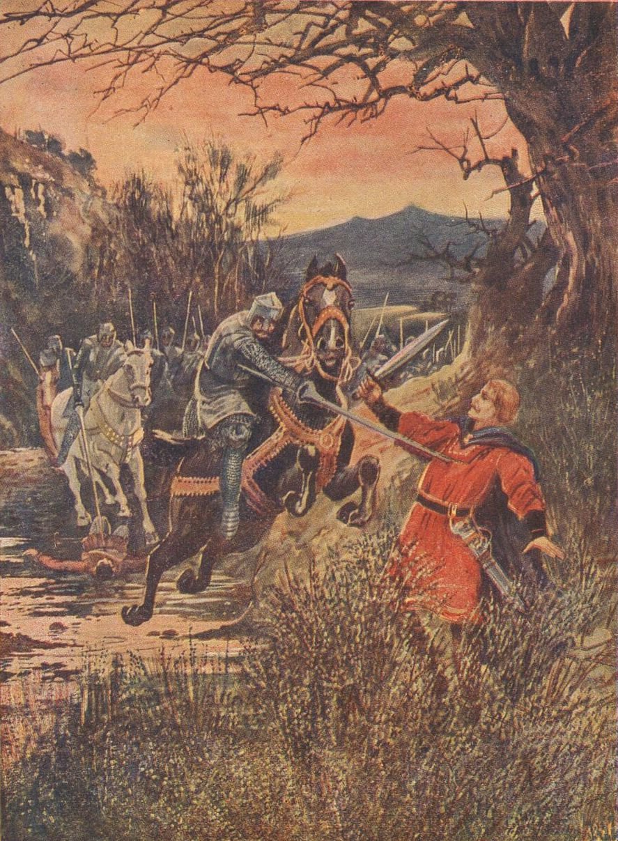 Kolorowa ilustracja książkowa: konny rycerz wbija kopię w mężczyznę w czerwonej tunice, który pada do tyłu wśród bezlistnych, zimowych drzew, w tle dolina i wzgórza