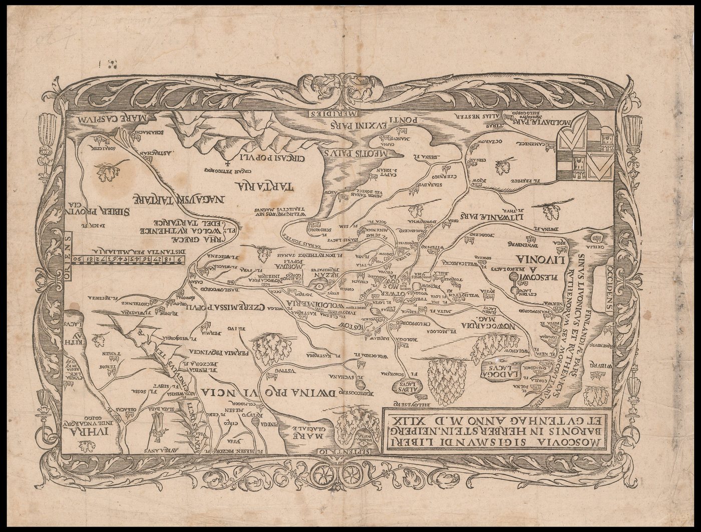 Szesnastowieczna drzeworytowa mapa Moskwy w ozdobnej ramie z rzekami i herbami