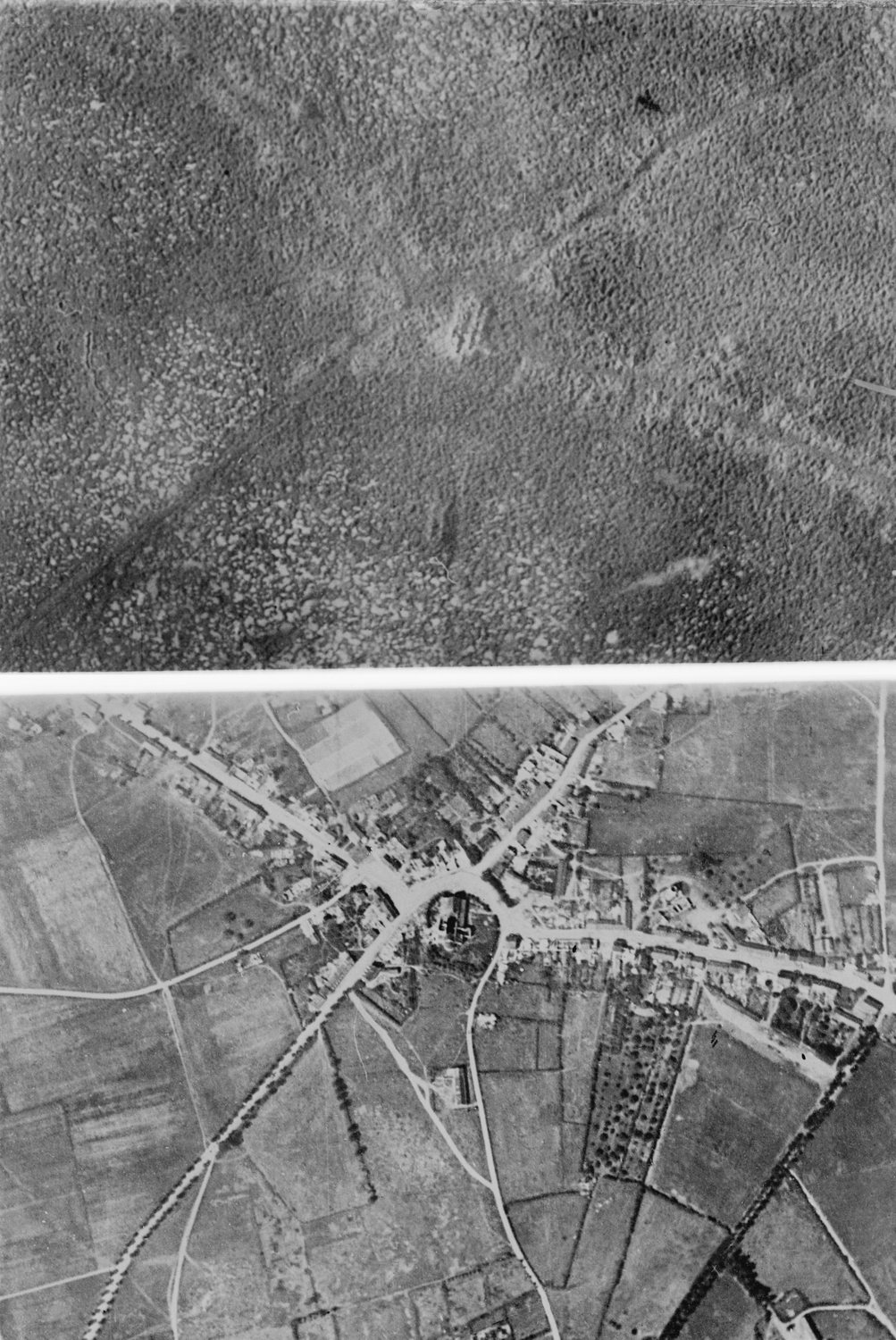 Two aerial photographs, an intact village with fields below and a cratered wasteland above