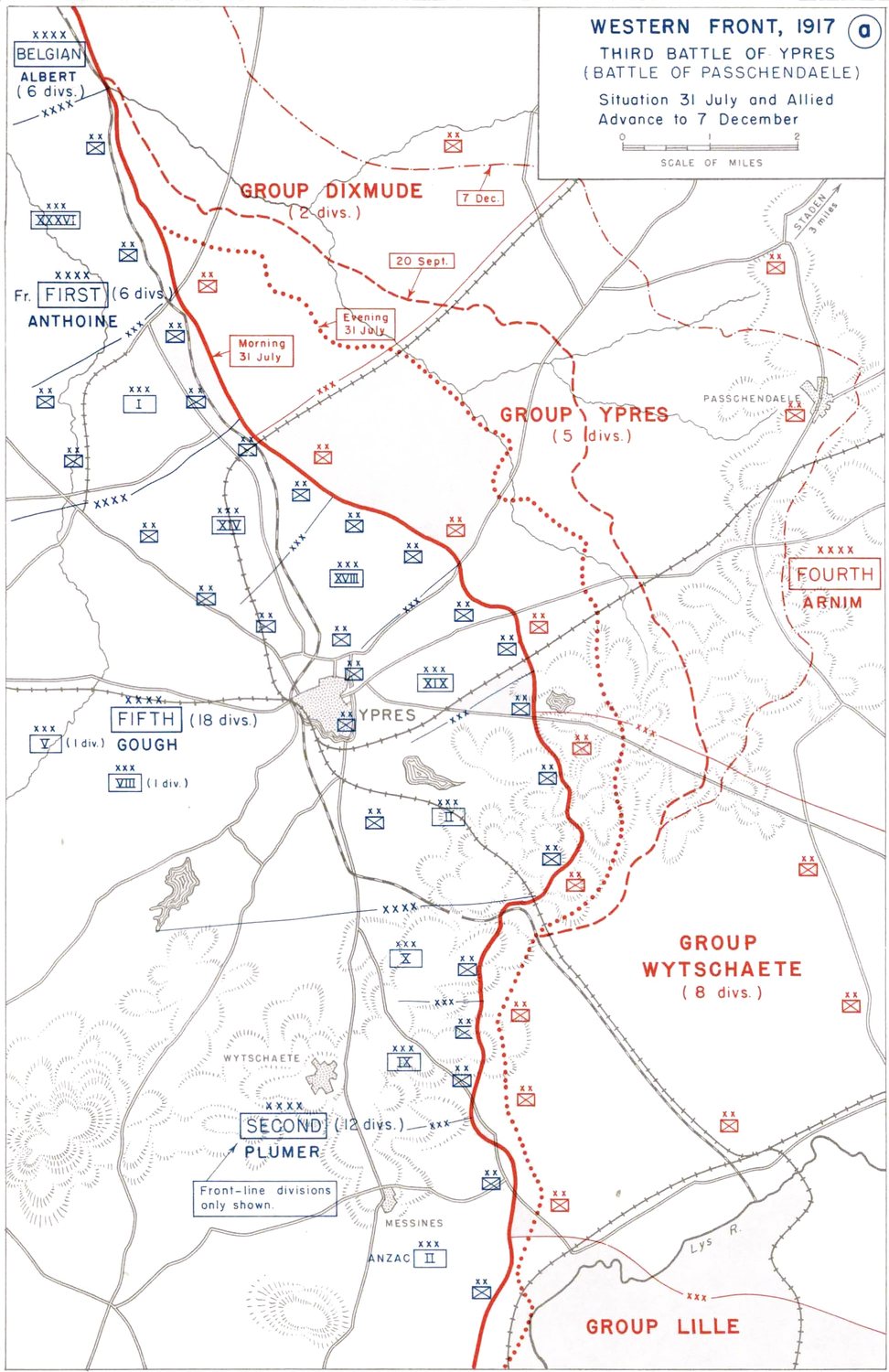 Military map of the Ypres salient with front lines in red and army positions marked