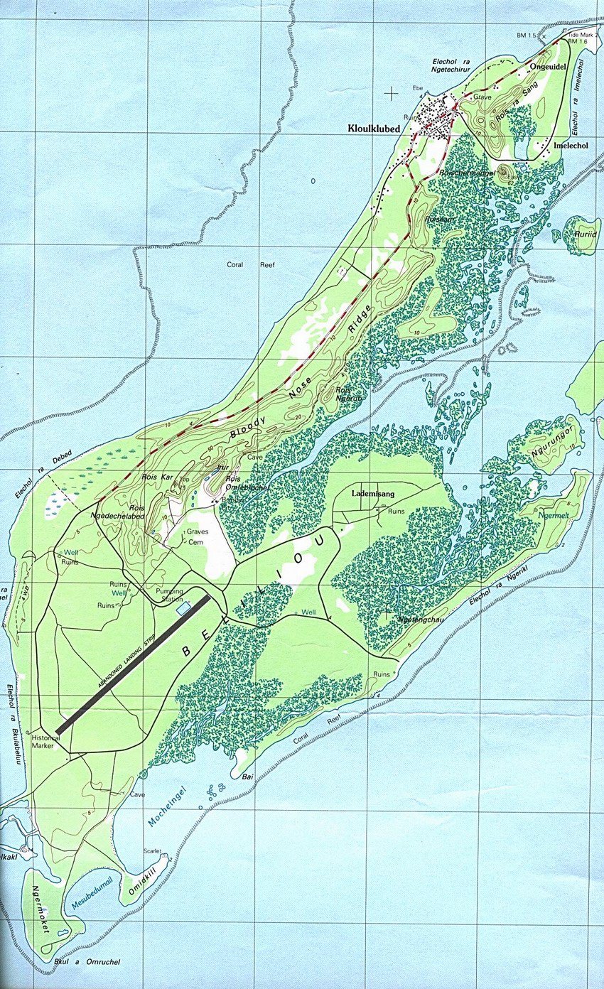 Colour topographic map of Peleliu island with an airstrip and forested areas
