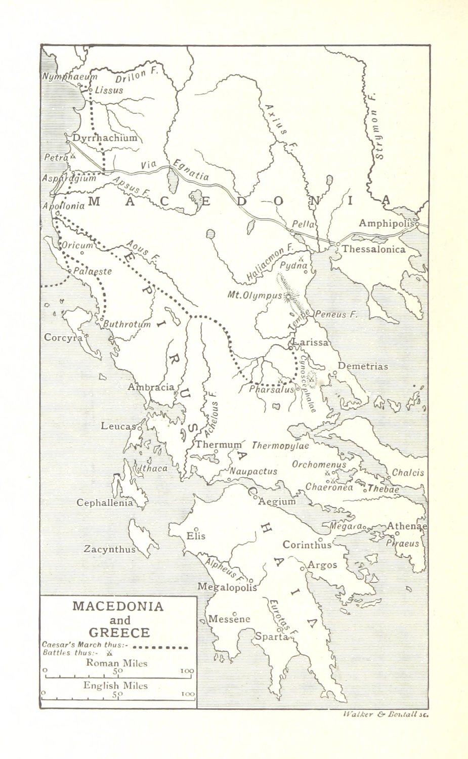 Black and white map of northern Greece with a dotted line marking Caesar's route