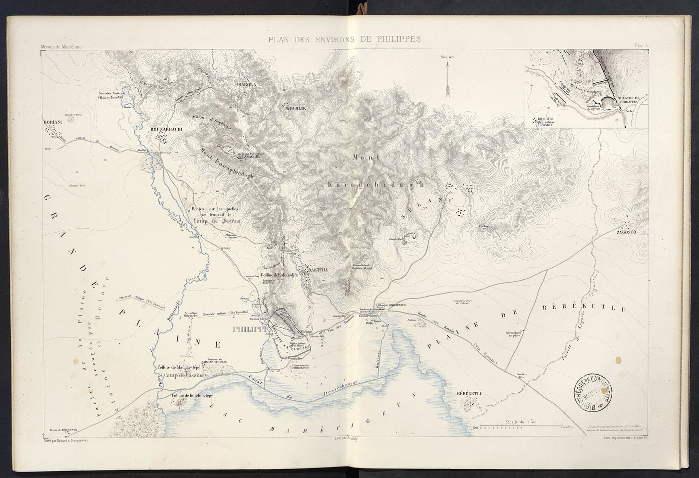 Detailed 19th century map of the plain of Philippi with hills, marshes and the ancient road