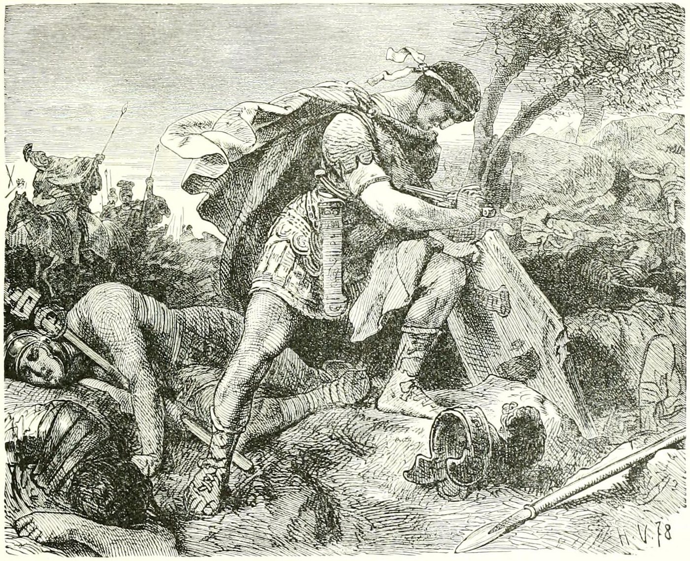 Engraving of a Roman soldier falling on a sword held against a tree, a dead man at his feet