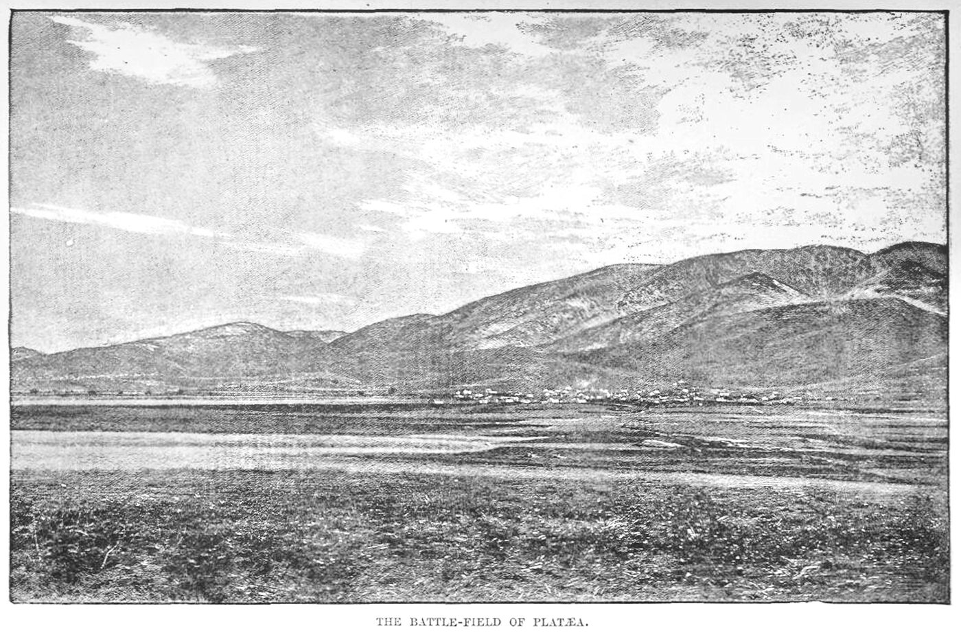 Engraving of a flat plain stretching toward a long range of hills
