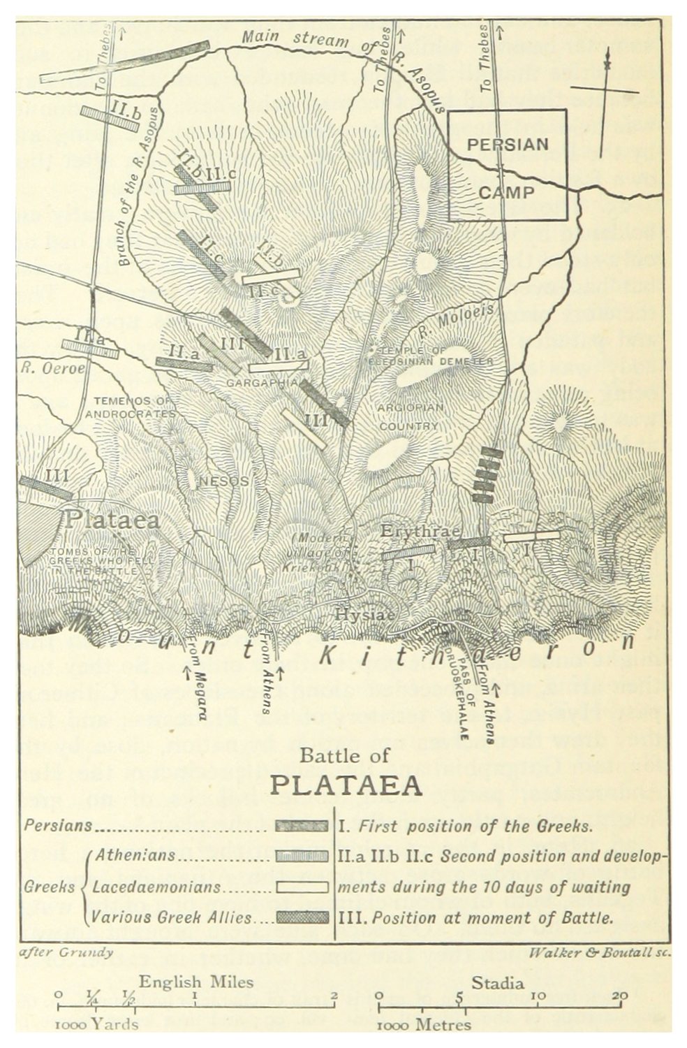 Black and white map of the Plataea plain with numbered Greek positions and the Persian camp