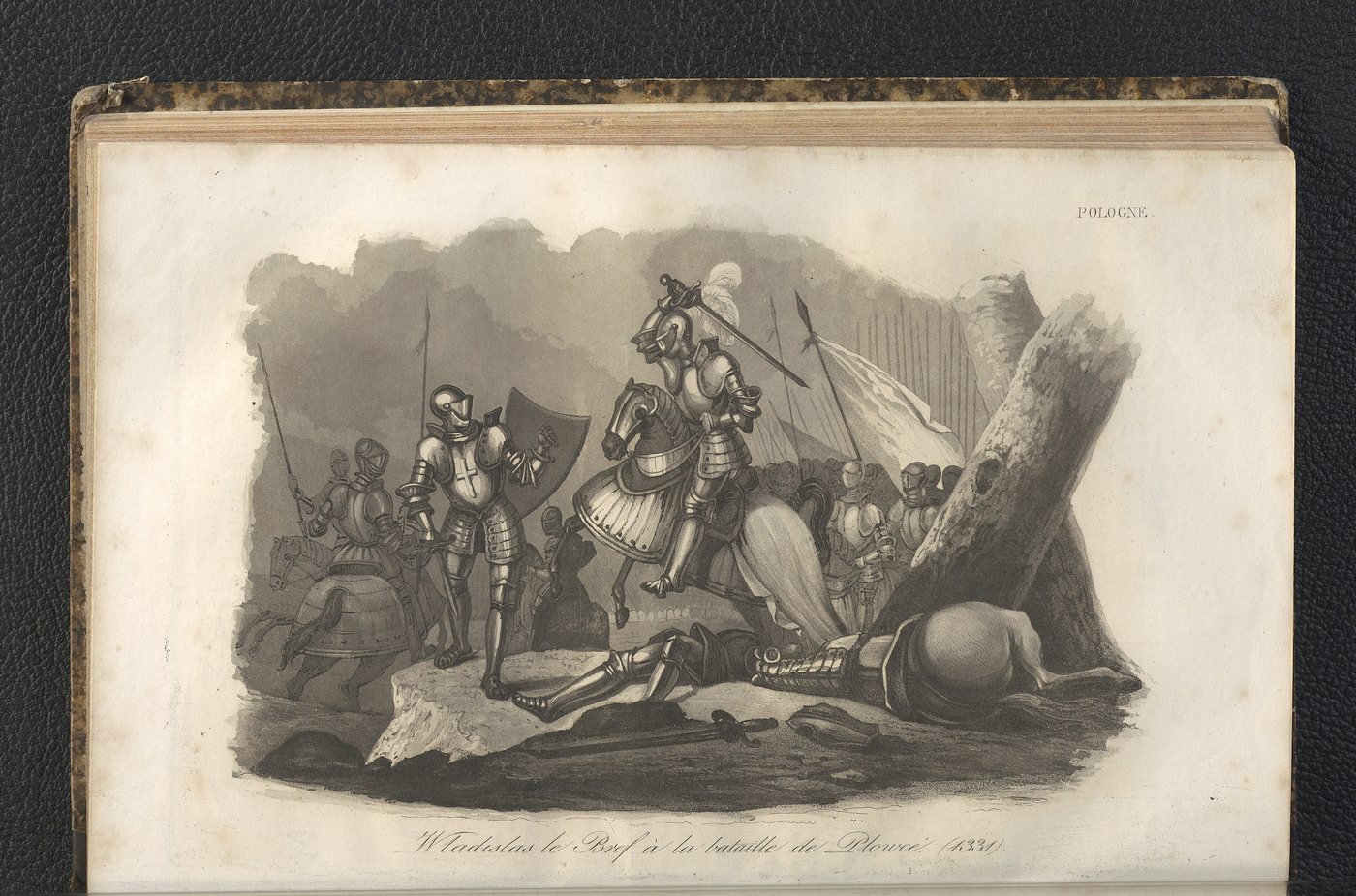 Engraving of armoured knights on horseback fighting beside a fallen horse and a tree