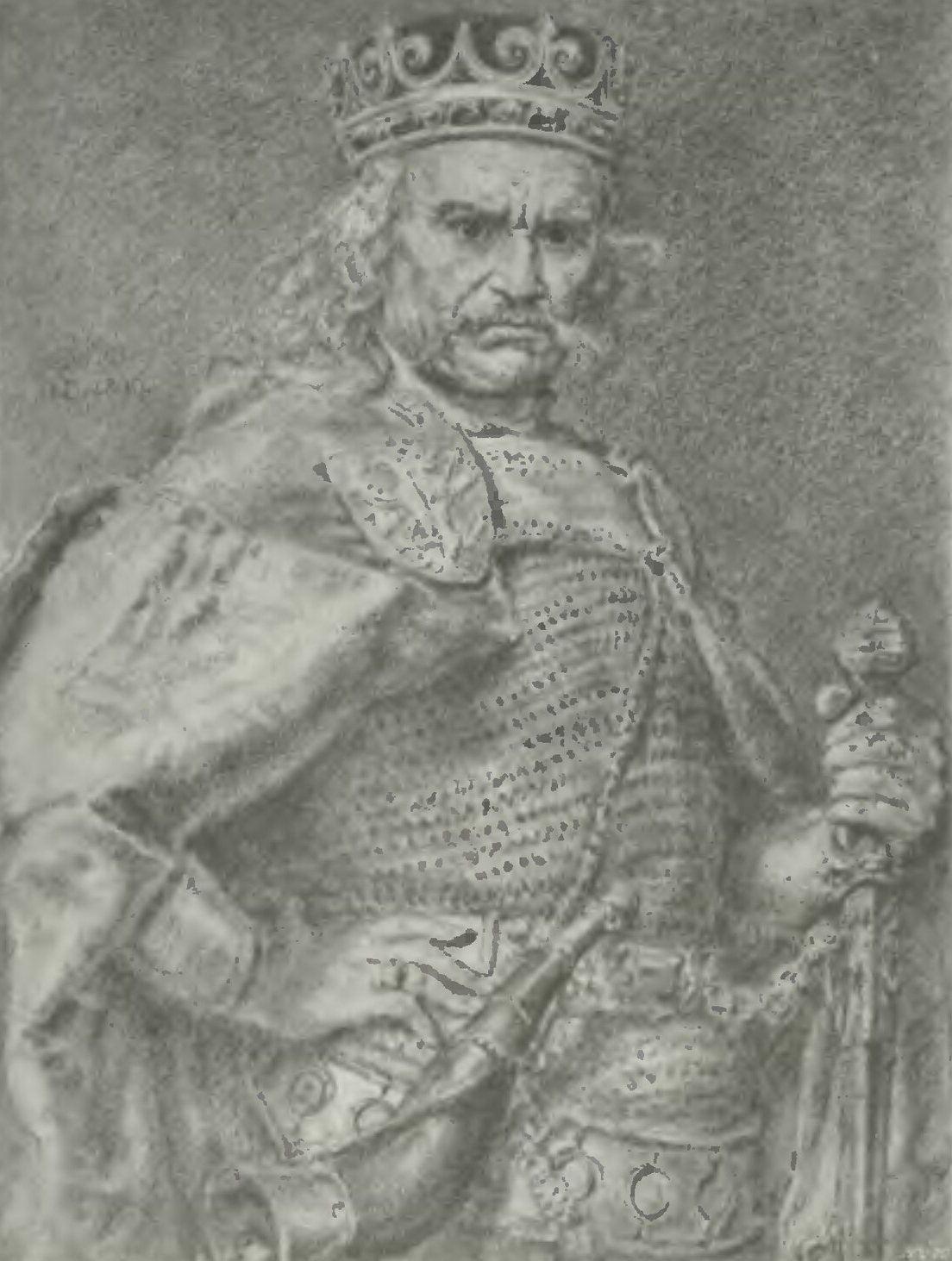 Drawing of a bearded medieval king in a crown holding a sword