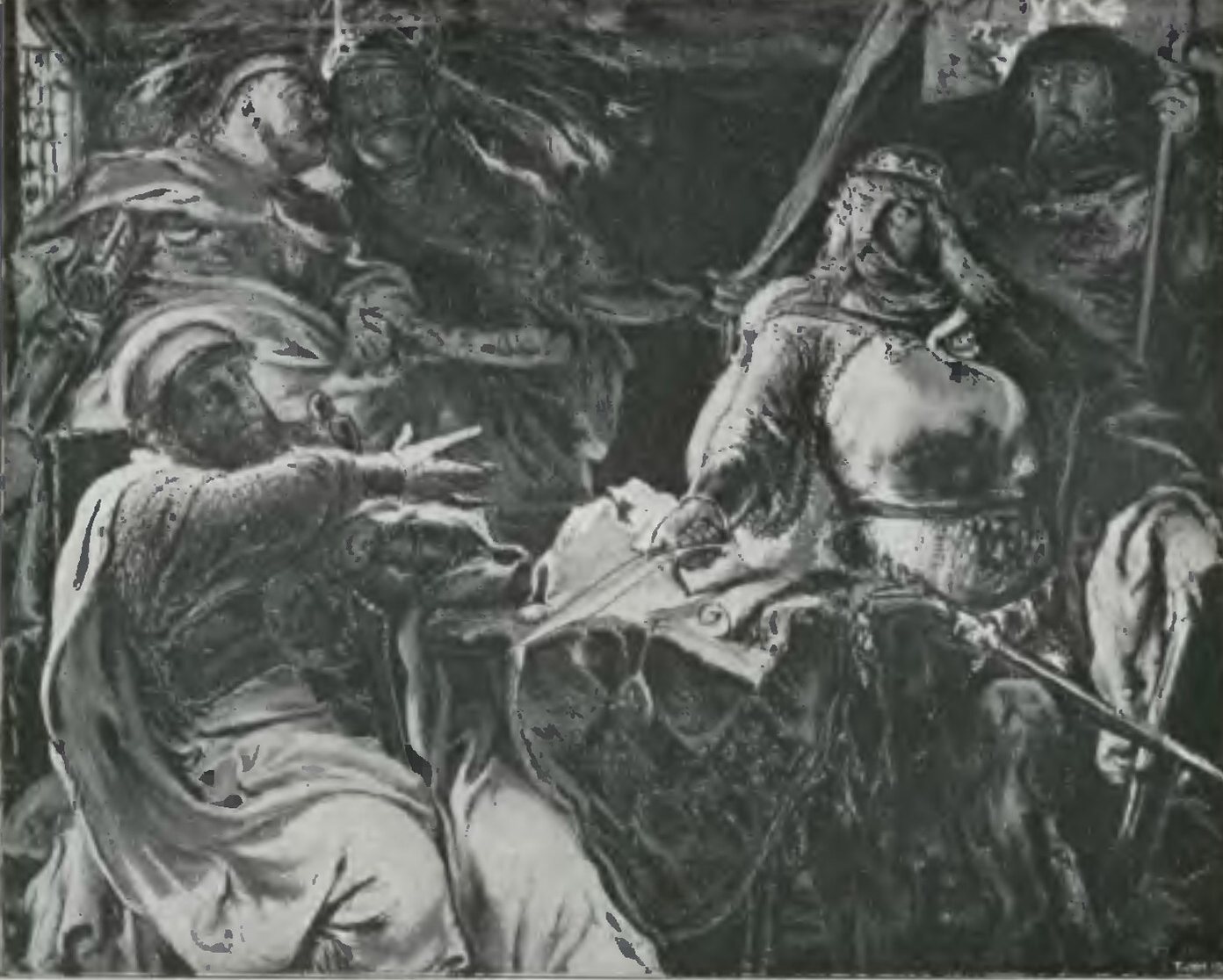 Painting of a seated king in a crown slashing a document with his sword before envoys