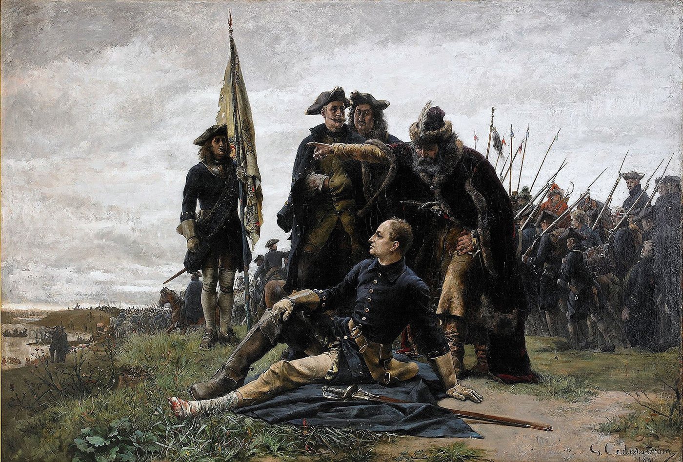 Painting of the wounded Charles XII sitting on the ground beside Mazepa and his officers