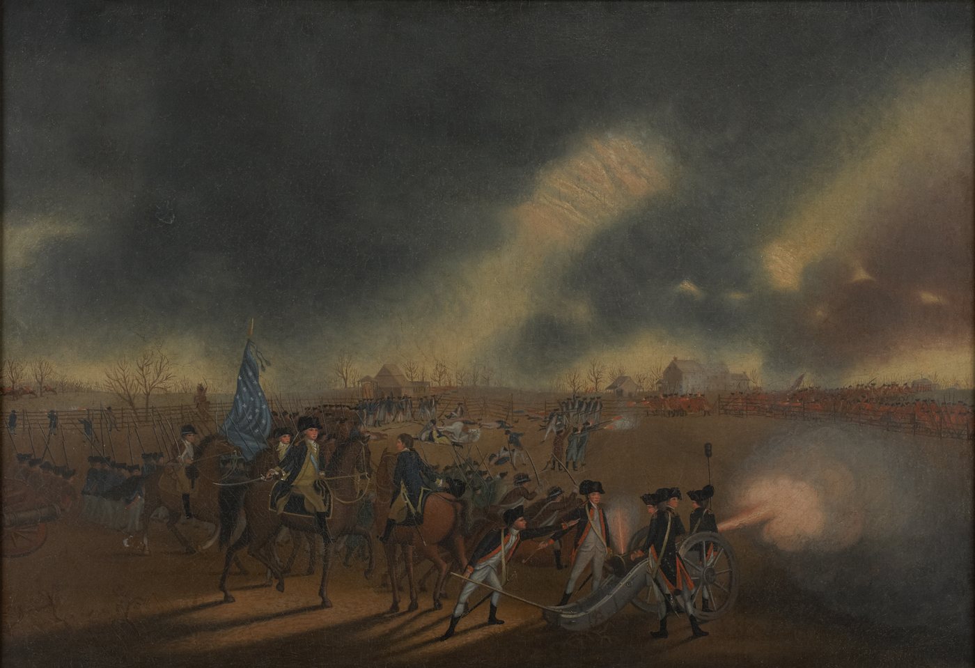 Painting of mounted officers and artillery firing under a dark sky with a blue flag