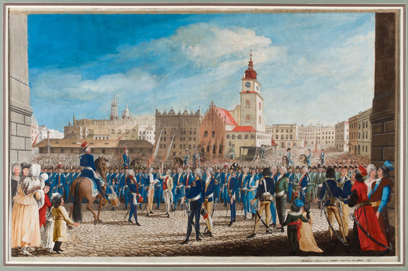 Painting of soldiers and townspeople gathered on Kraków's market square before the Cloth Hall and town hall tower