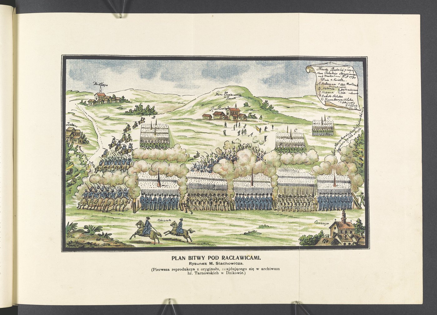 Coloured bird's eye drawing of battle lines and gun smoke on rolling green hills