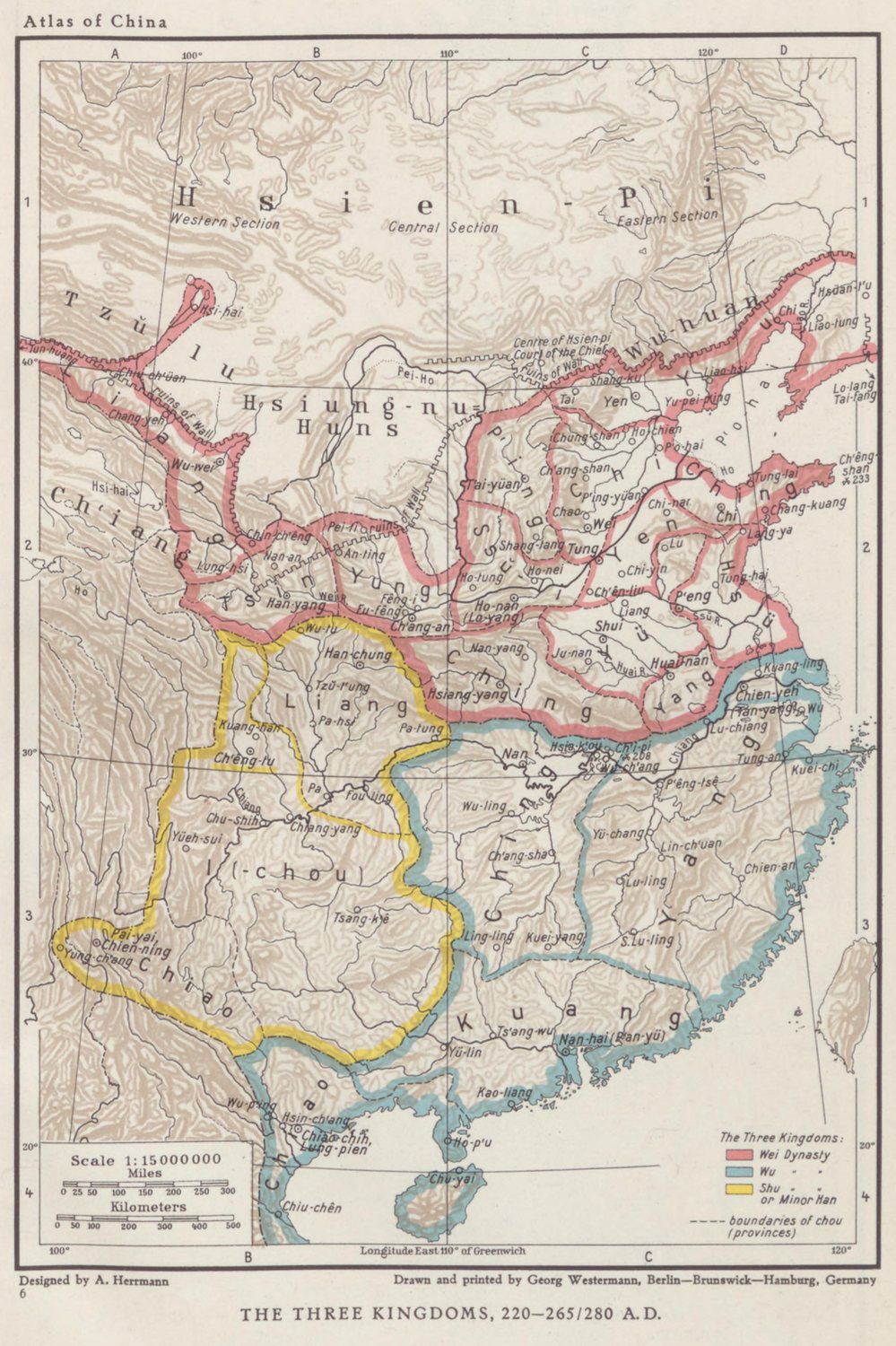 Historical atlas map of China divided into three coloured kingdoms