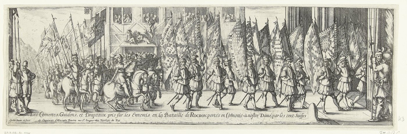Engraving of a procession of soldiers carrying dozens of captured flags through Paris