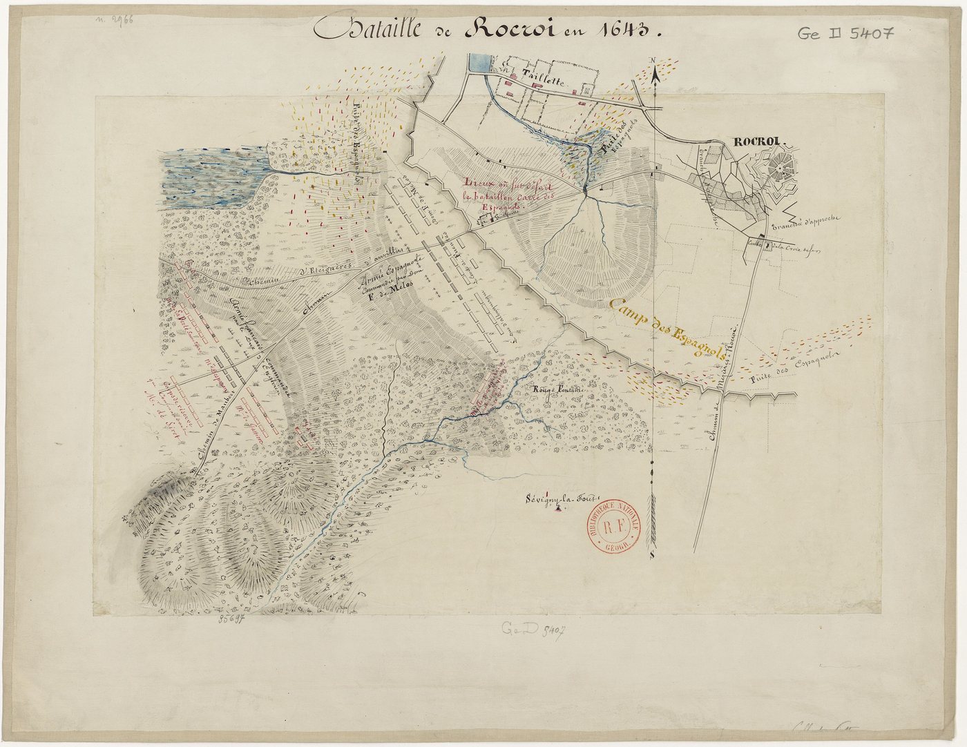 Hand-drawn colored plan of the town of Rocroi, the Spanish camp and the battlefield
