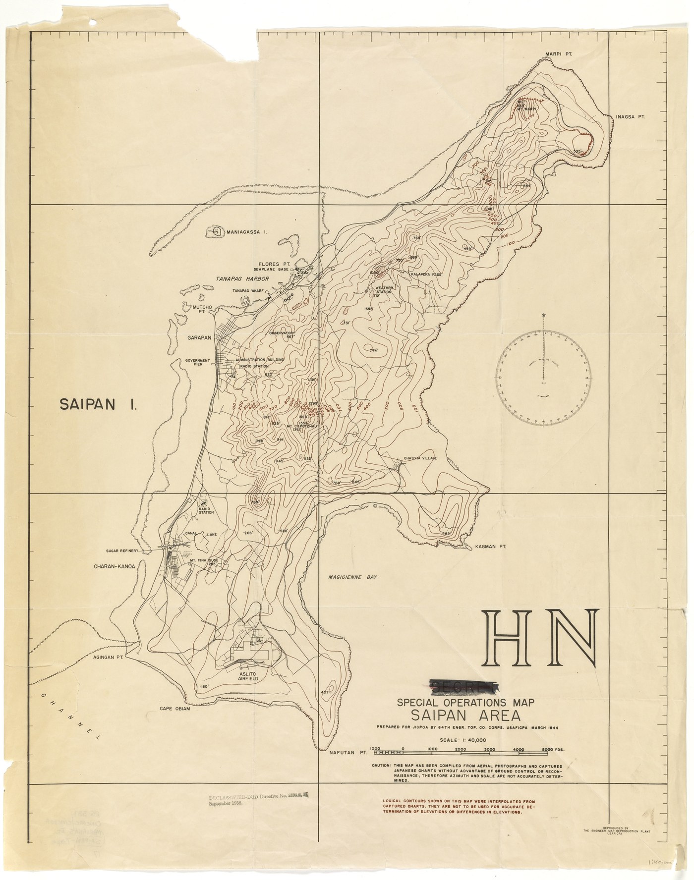 Cream-colored 1944 contour map of Saipan, a long island running from Marpi Point in the north to Nafutan Point in the south, with Garapan and Tanapag Harbor on the west coast, Mount Tapotchau in the center, Magicienne Bay on the east and Charan Kanoa and Aslito Airfield in the south