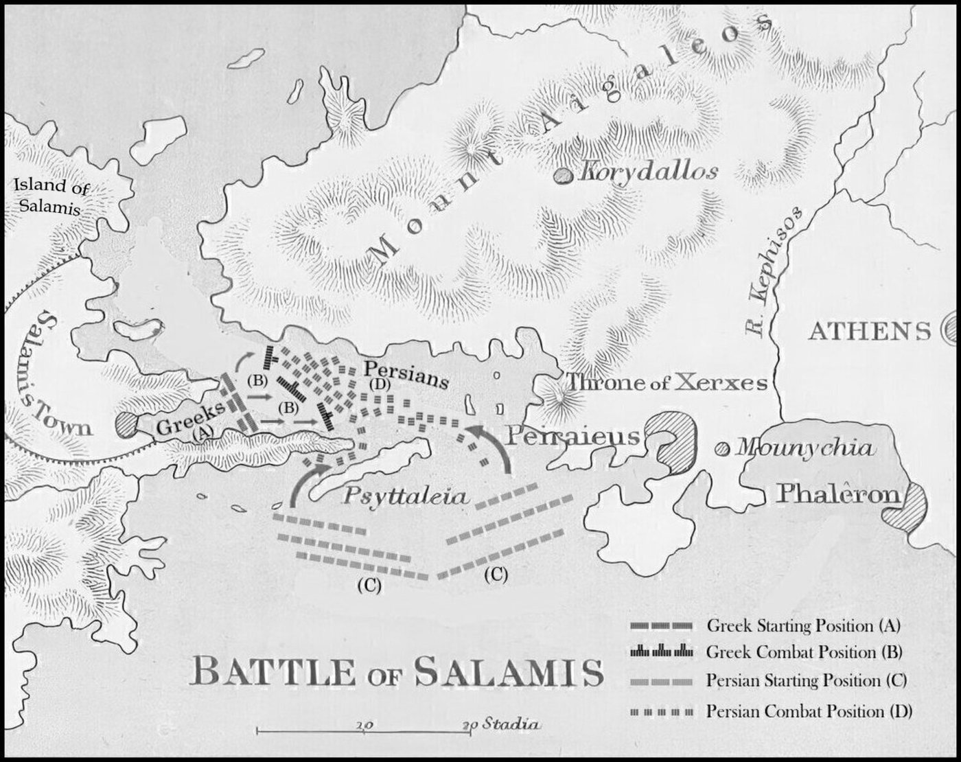 Map of the strait of Salamis showing Greek and Persian fleet positions