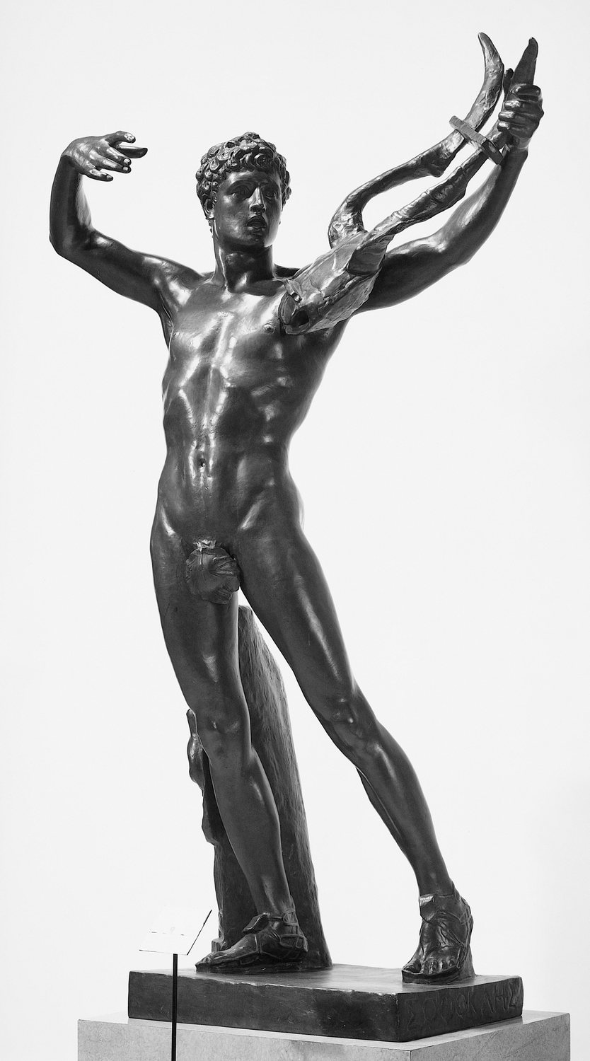 Bronze statue of the young Sophocles holding a lyre with his arm raised