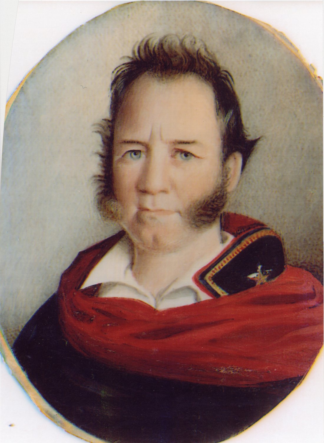Oval portrait of Sam Houston wrapped in a red cloak