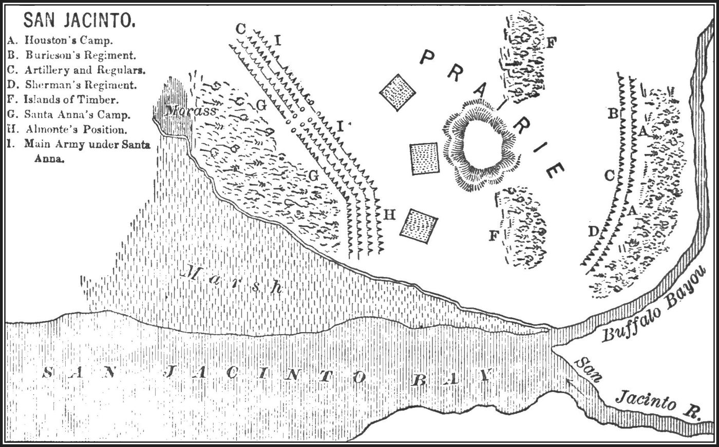 Black and white plan of the San Jacinto battlefield with troop lines, prairie, marsh and bayou