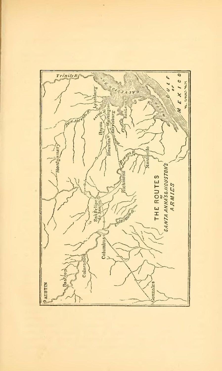 Old engraved map of Texas rivers showing the routes of the two armies in 1836