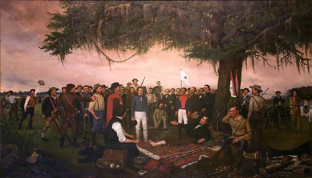 Painting of Santa Anna standing before Sam Houston, who lies wounded under a tree among Texian soldiers