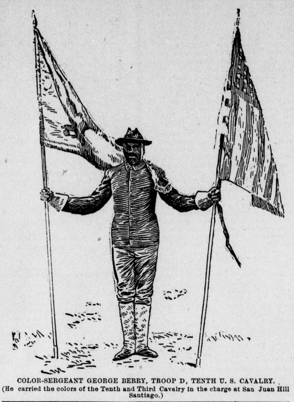 Newspaper drawing of an African American cavalry sergeant holding two regimental flags