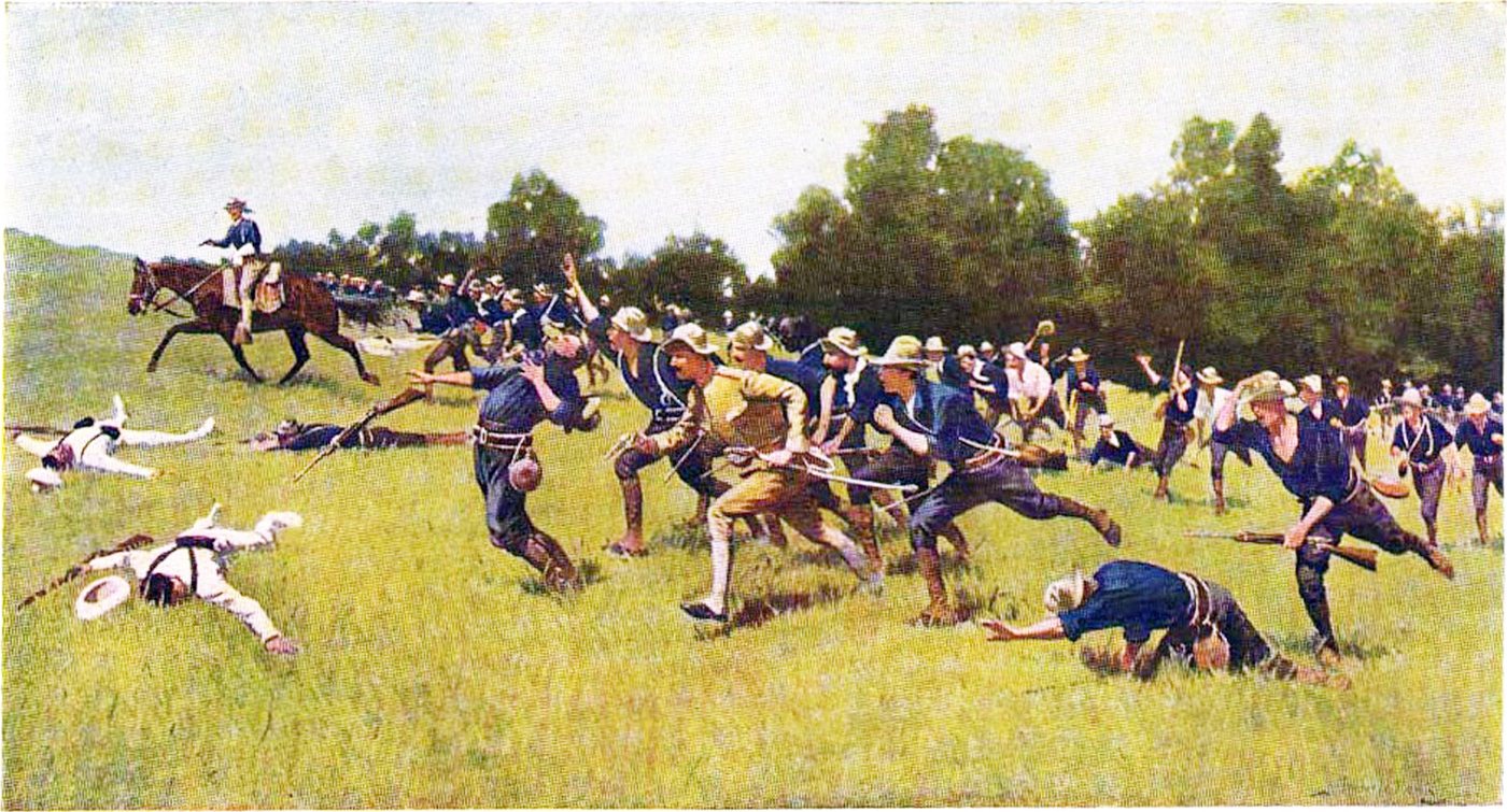 Painting of dismounted soldiers running uphill through grass behind an officer on horseback