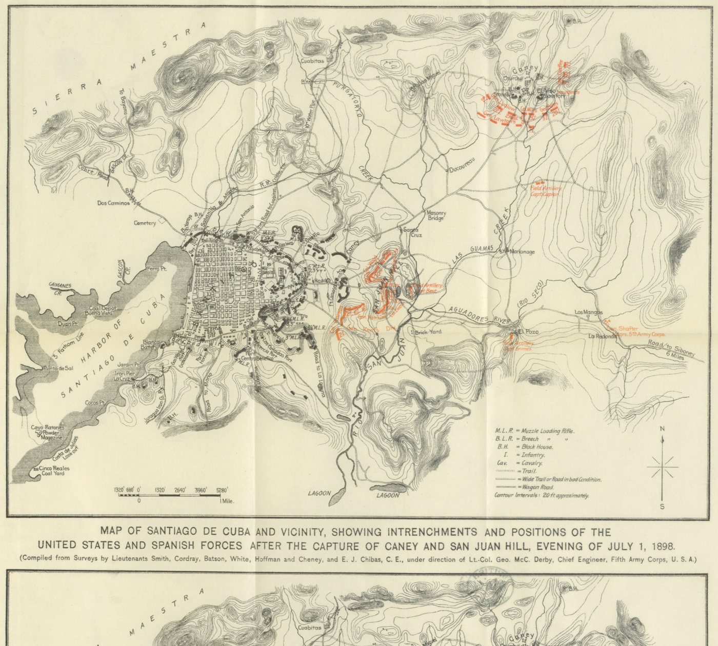 Old map of Santiago de Cuba with the American and Spanish entrenchments marked in red