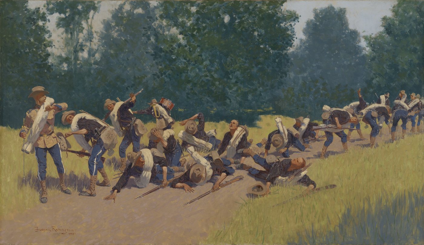 Painting of a column of American soldiers crouching and recoiling on a road as a shell explodes