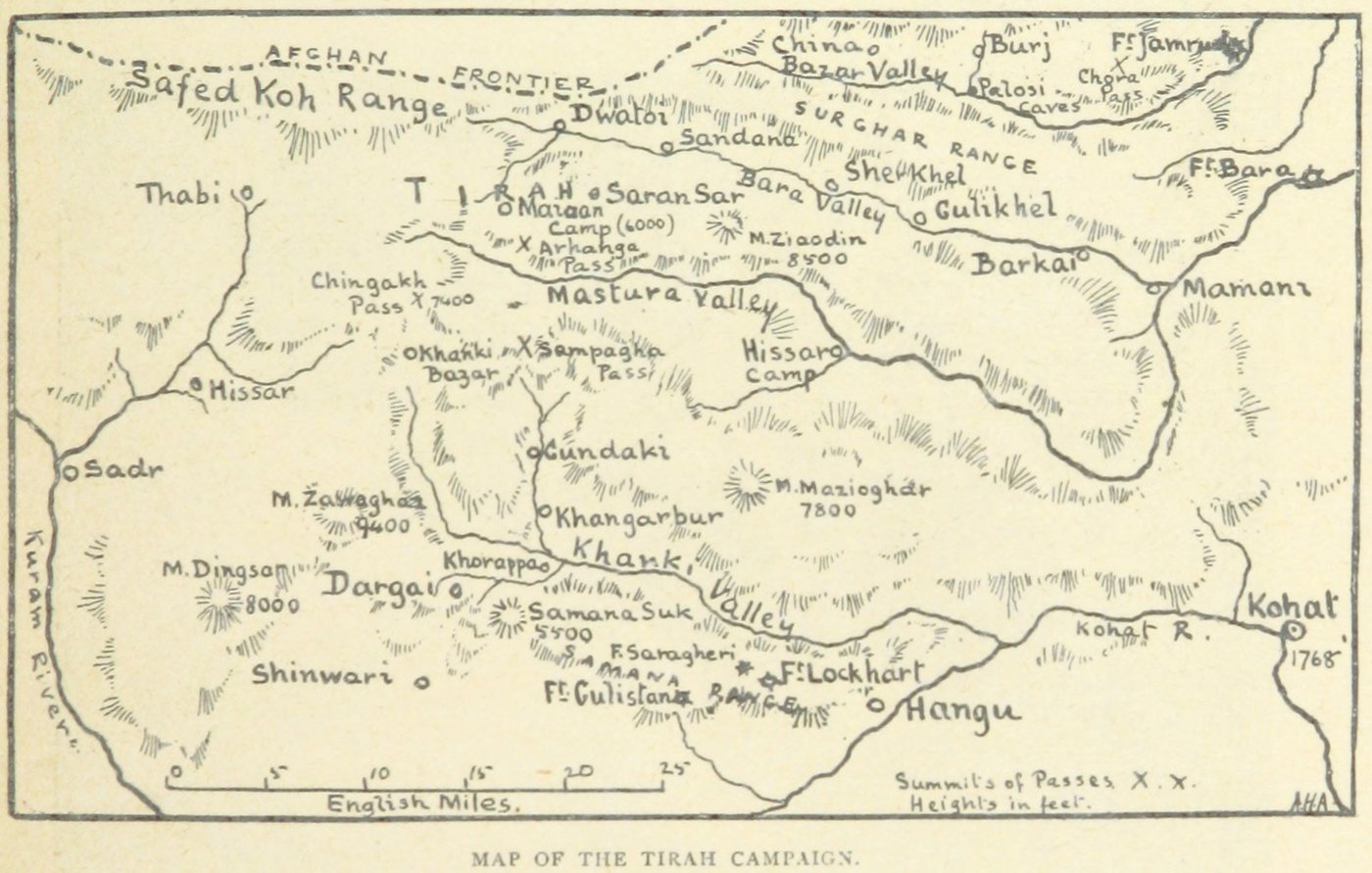 Old black and white map of the Tirah region with mountain ranges, valleys and frontier forts