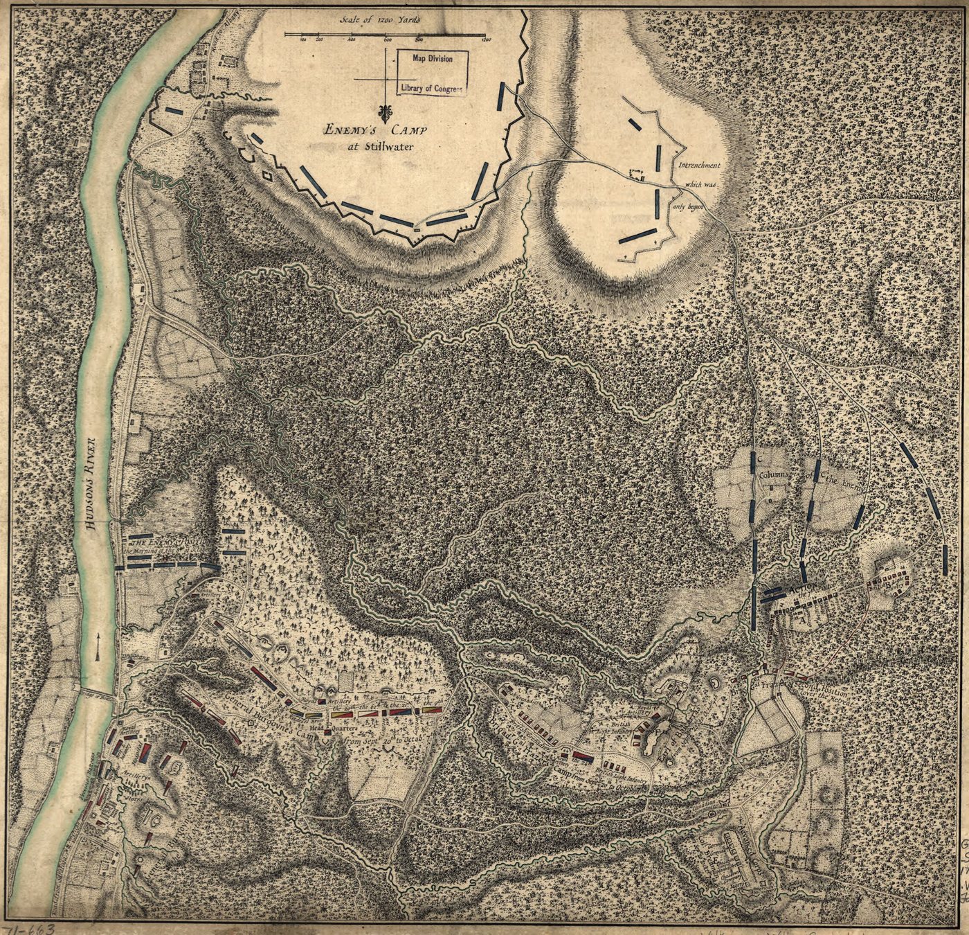 Hand-drawn 18th-century military plan of camps and lines beside the Hudson River
