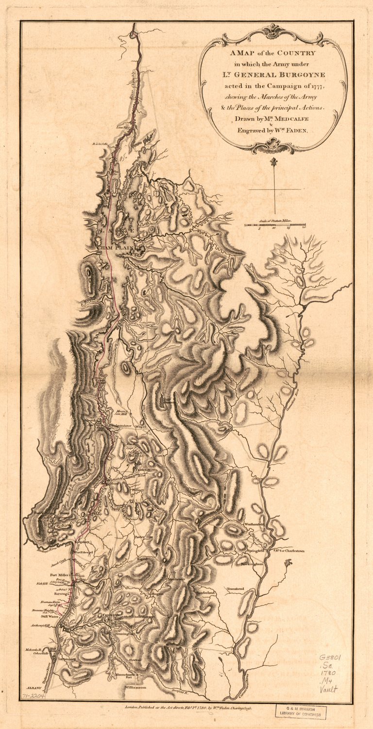 Tall engraved map of the Lake Champlain and upper Hudson valley region