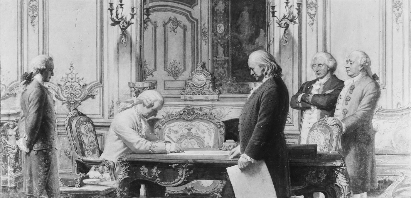 Painting of diplomats signing a treaty at a desk in an ornate French salon
