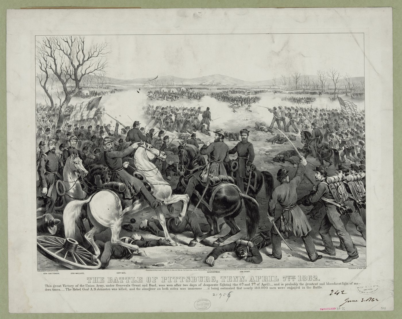 Lithograph of Union officers on horseback leading infantry forward in a battle