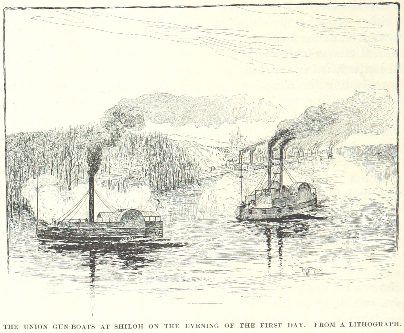 Engraving of two smoking paddle gunboats on a river at dusk