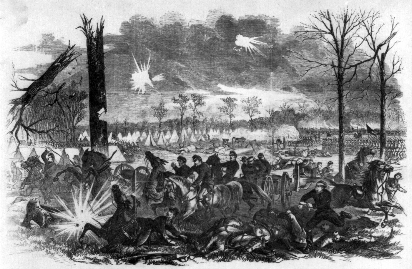 Engraving of artillerymen and horses falling under fire among trees and tents