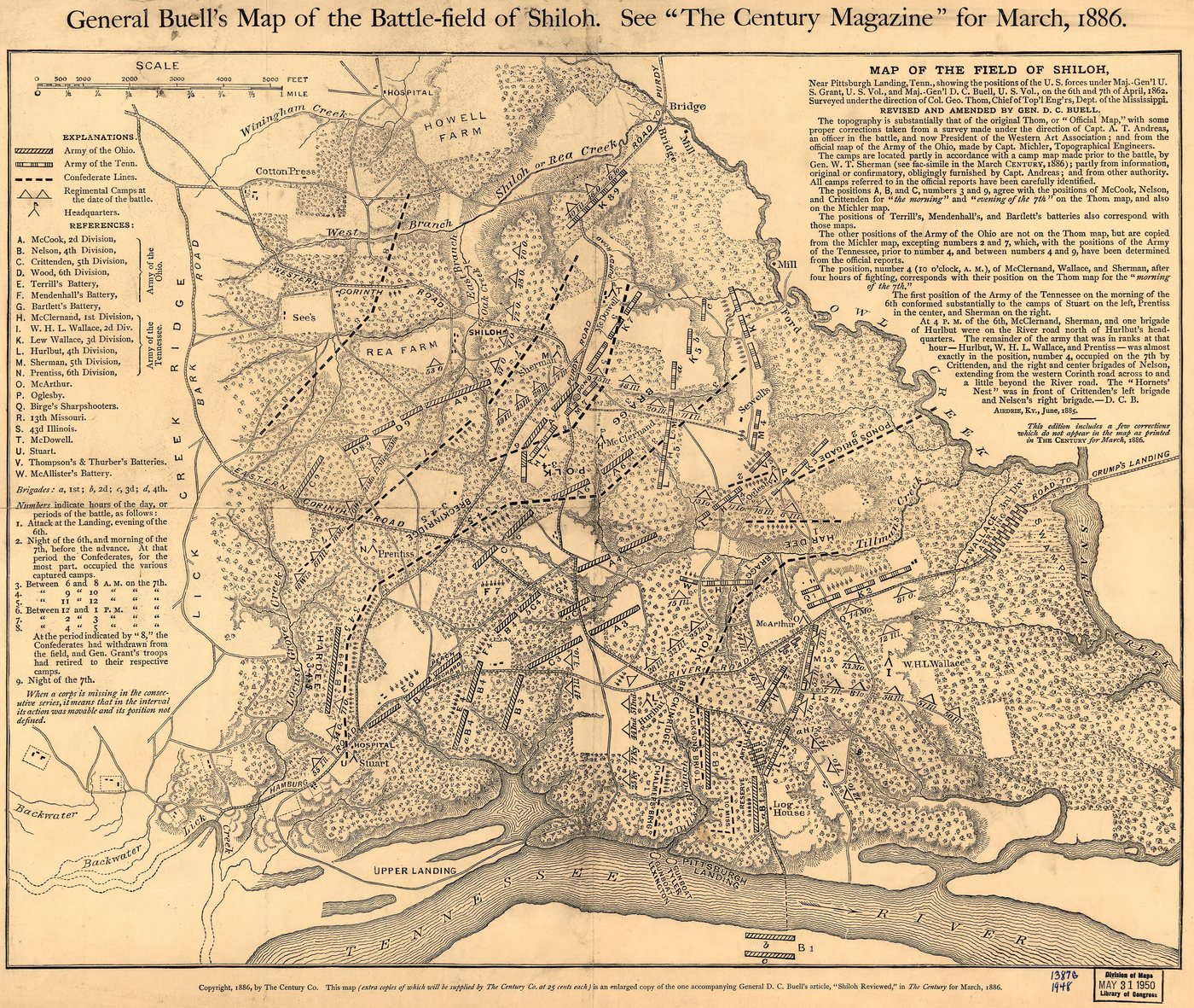 Detailed old map of the Shiloh battlefield beside the Tennessee River with roads, fields and troop positions