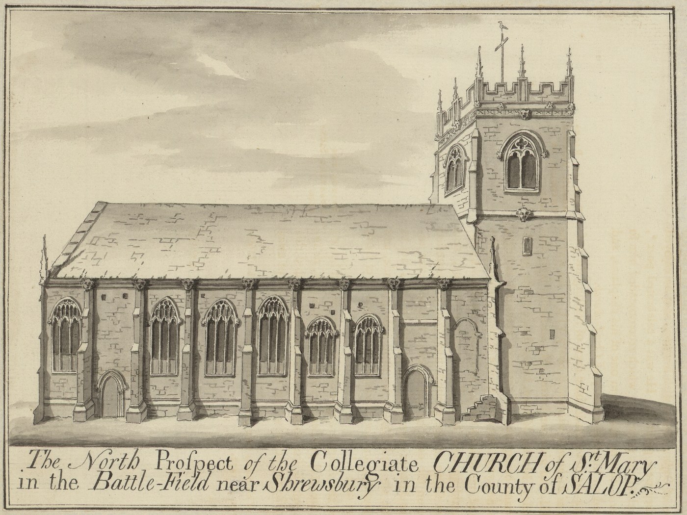 Gray ink and wash drawing of a long Gothic church seen from the north, with tall traceried windows along the nave, a pinnacled square tower at the west end and an inscription below
