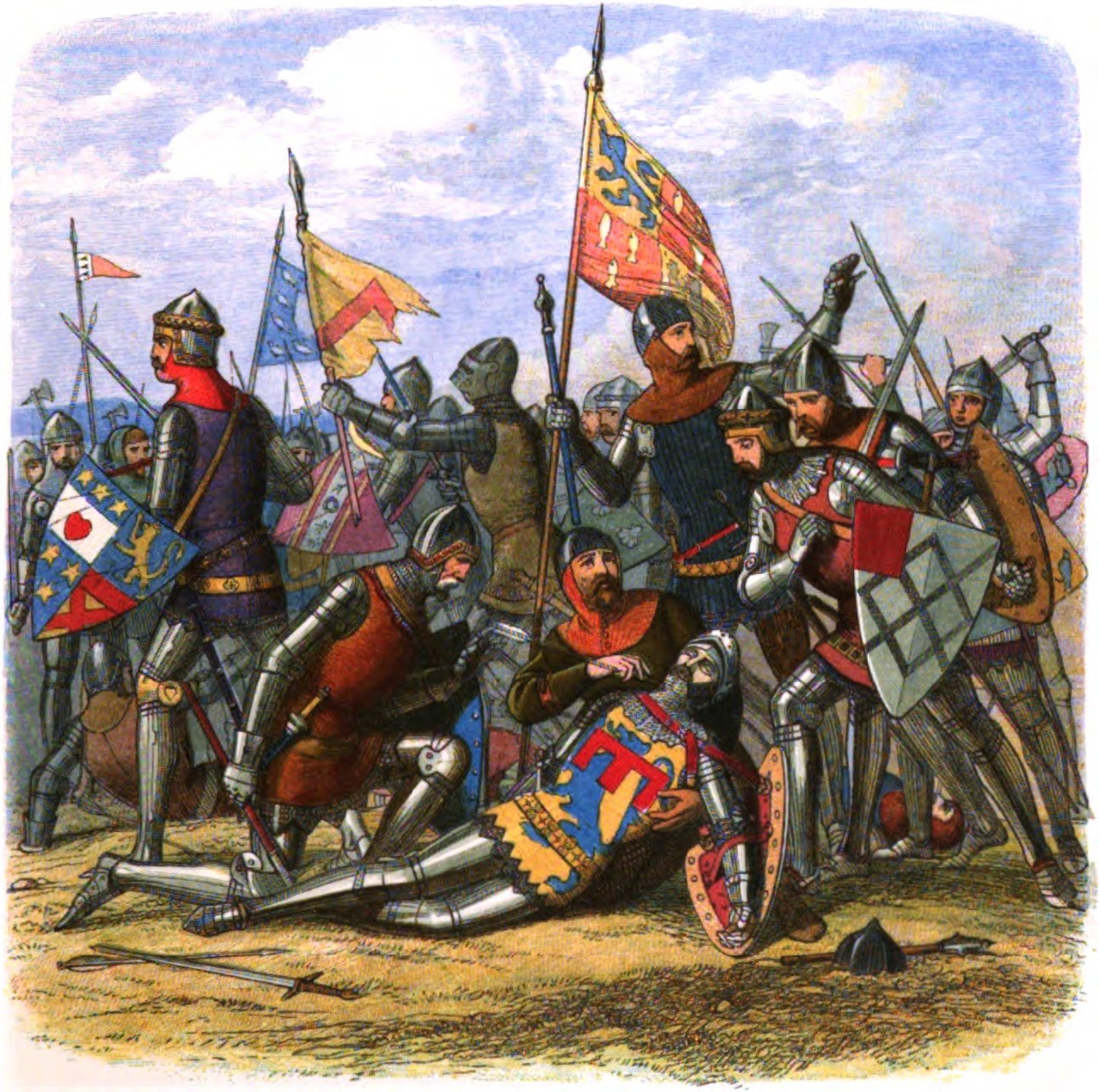 Color wood engraving of a crowd of armored knights on a battlefield under raised banners; in the center a dying knight in a blue and gold surcoat lies on the ground, supported by a bearded man in a brown hood, while others with heraldic shields close around him
