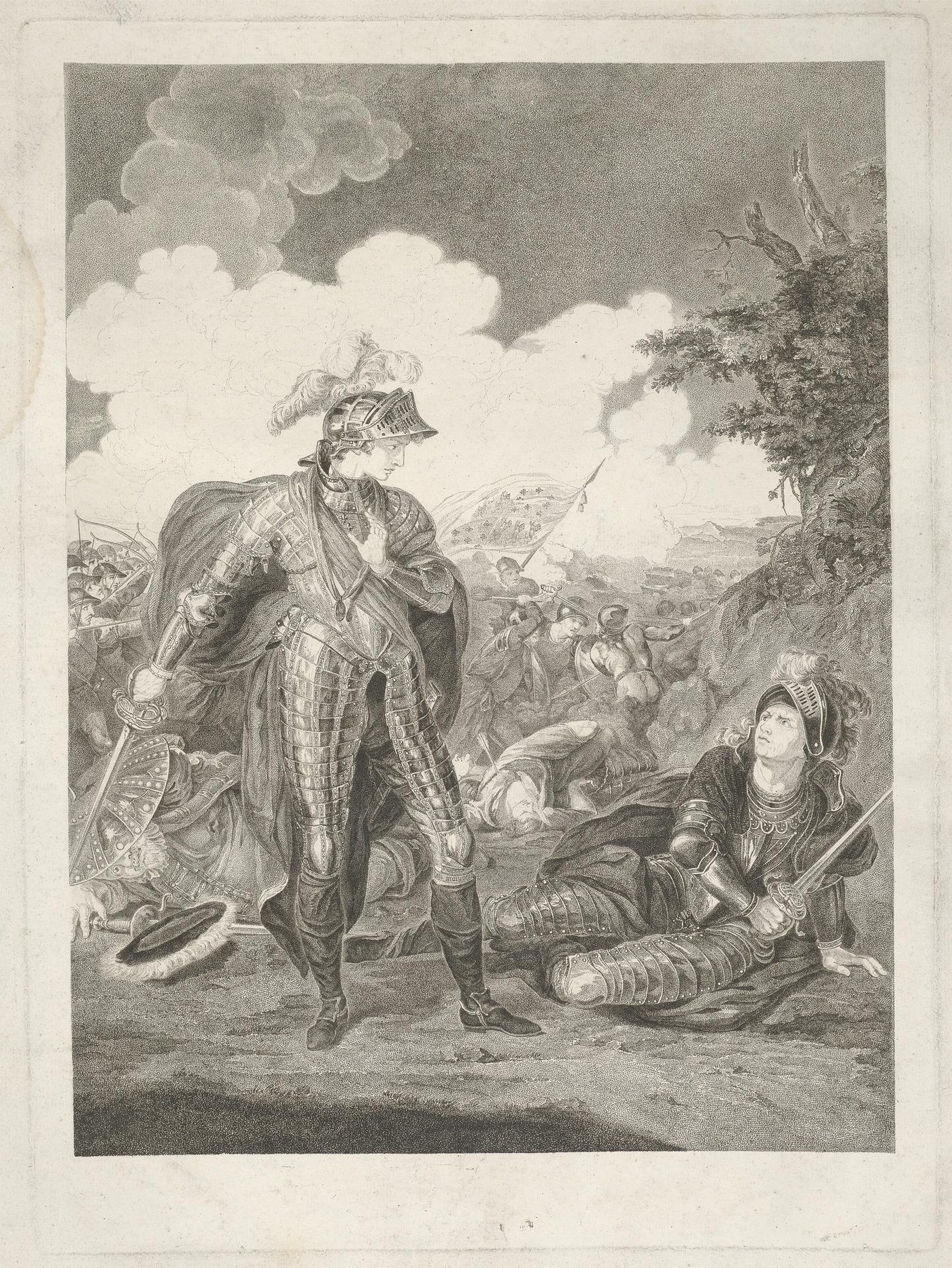 Engraving of a young prince in plate armor and a plumed helmet standing over a wounded knight who lies propped on one arm with his sword, with smoke, banners and fighting soldiers behind them
