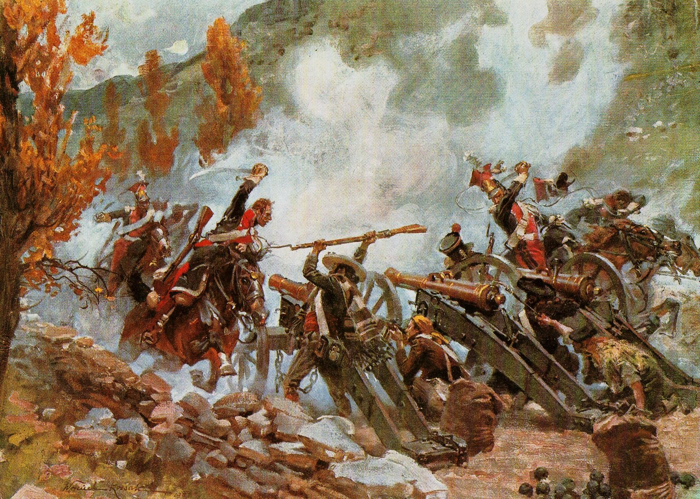 Painting of Polish lancers in red and blue riding over Spanish cannon on a rocky road