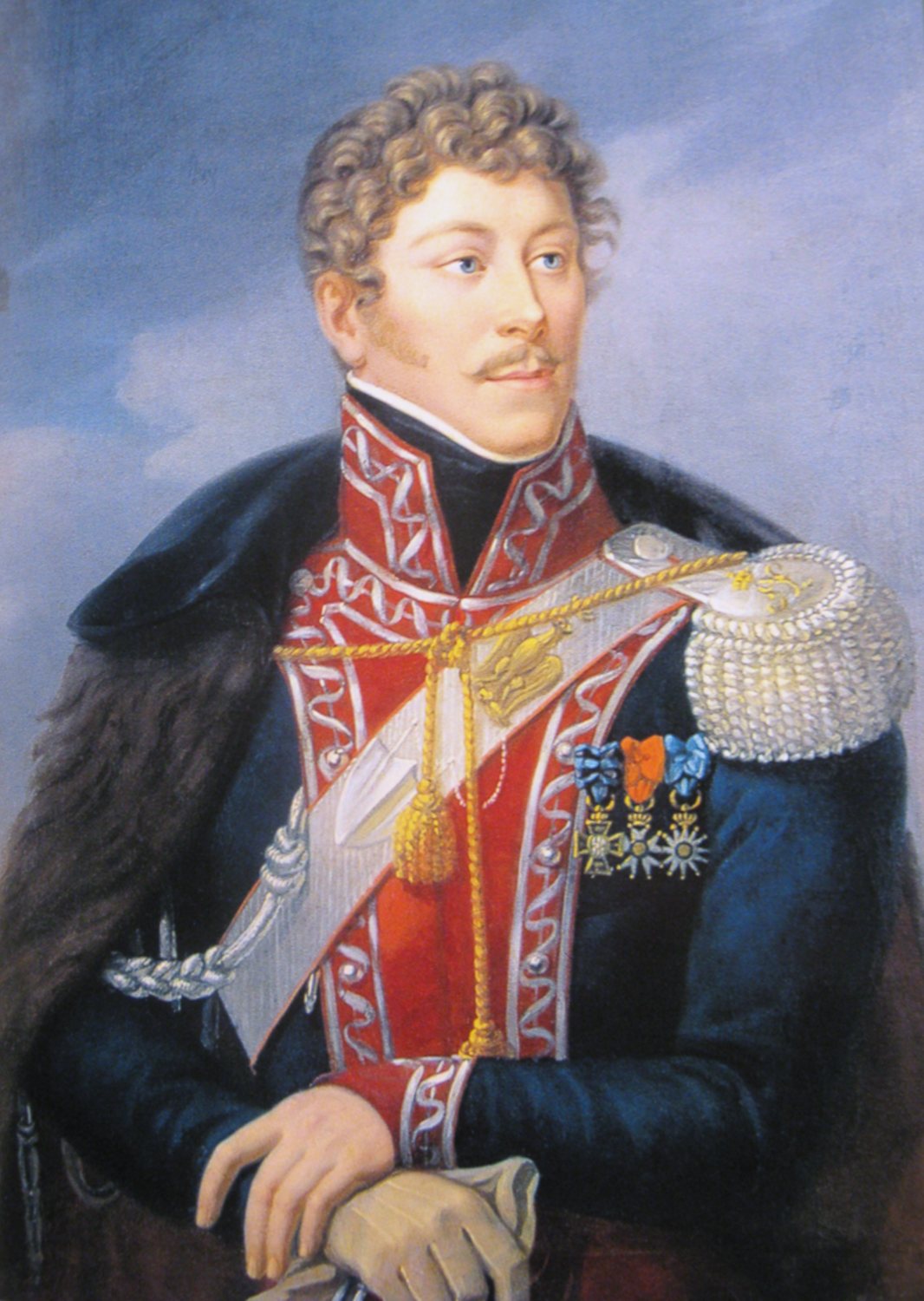 Portrait of a Polish officer in a dark blue and crimson Guard uniform with epaulettes