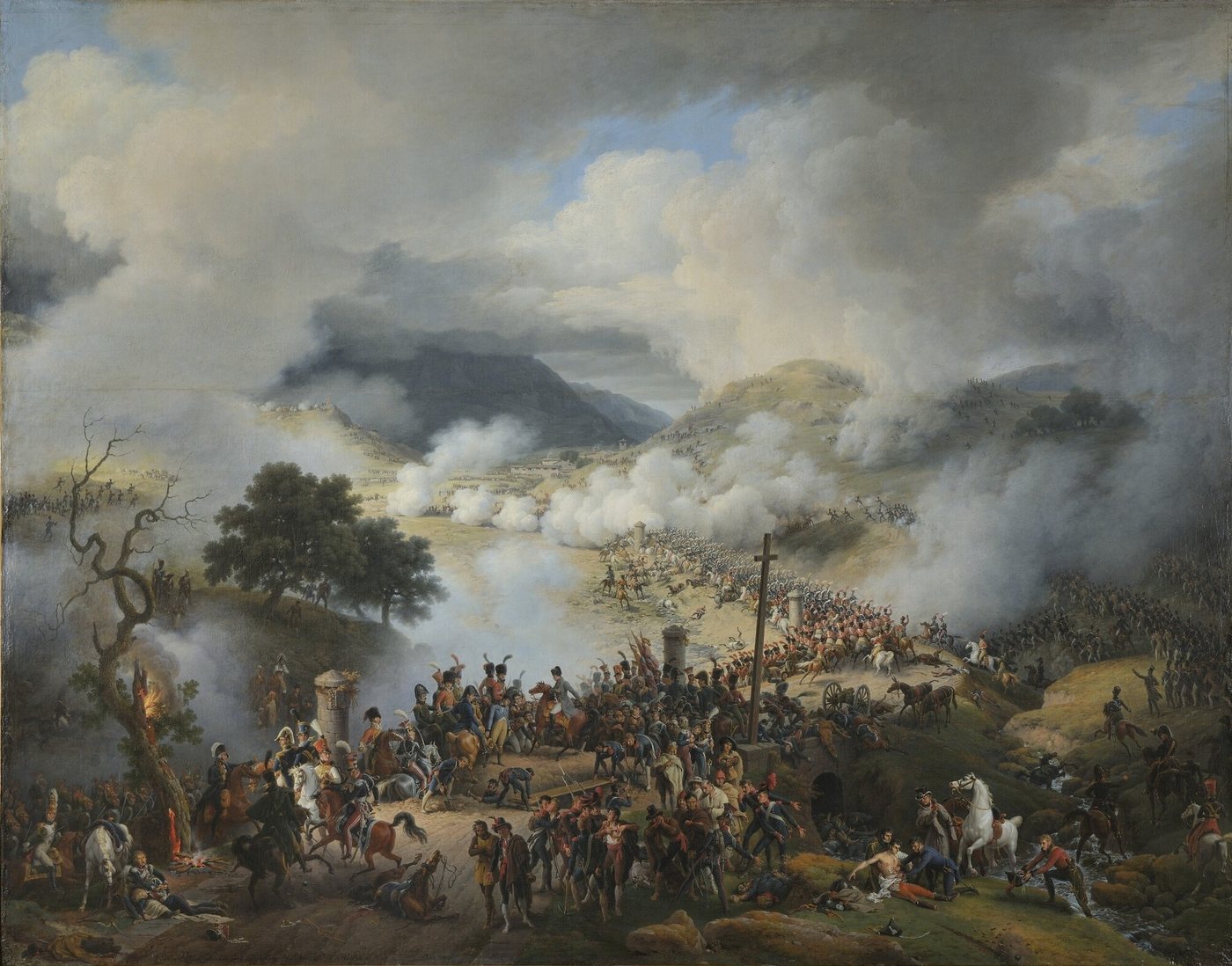 Painting of a mountain pass shrouded in smoke with troops and officers in the foreground