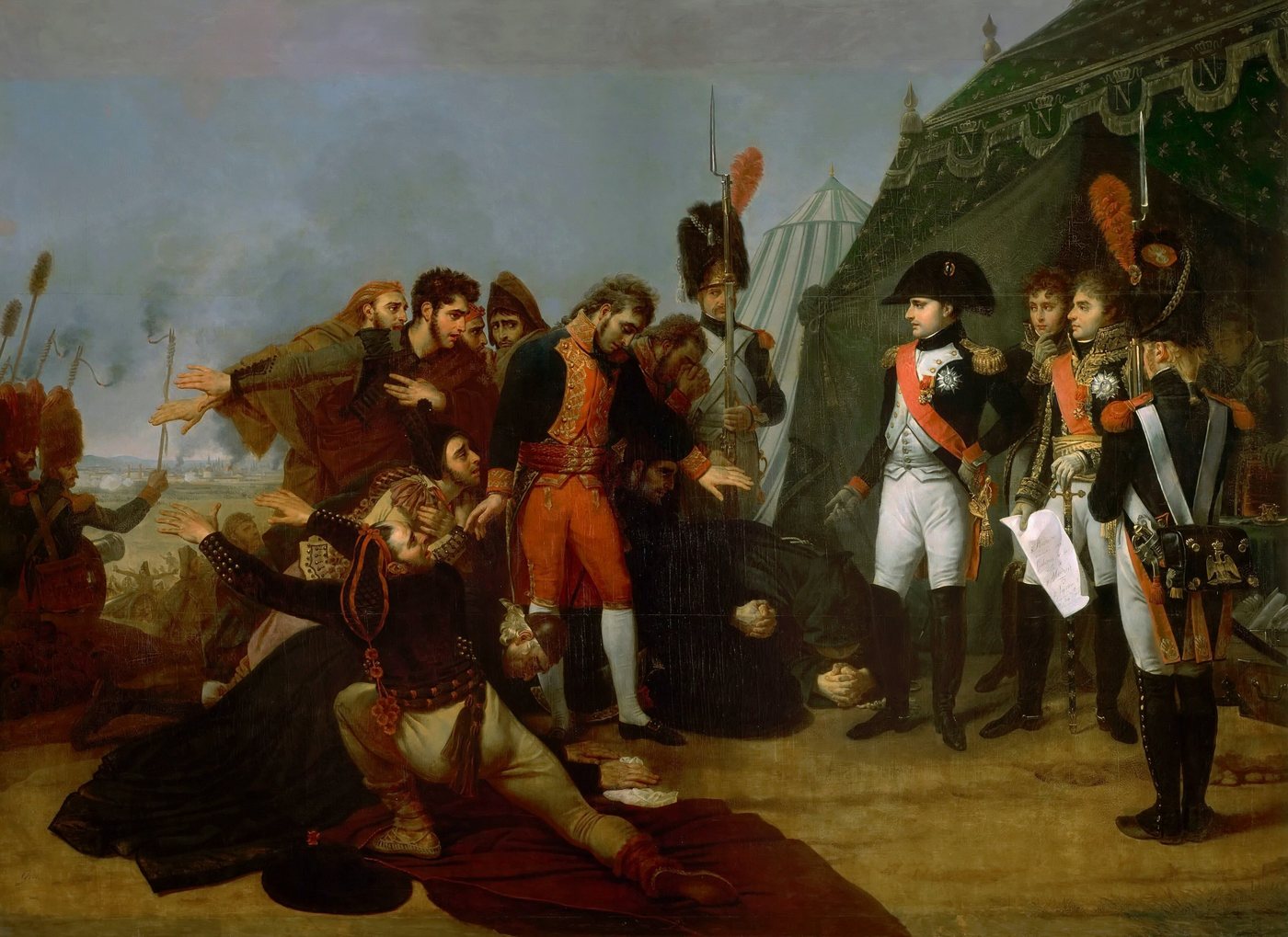 Painting of Napoleon in front of a tent receiving kneeling Spanish envoys